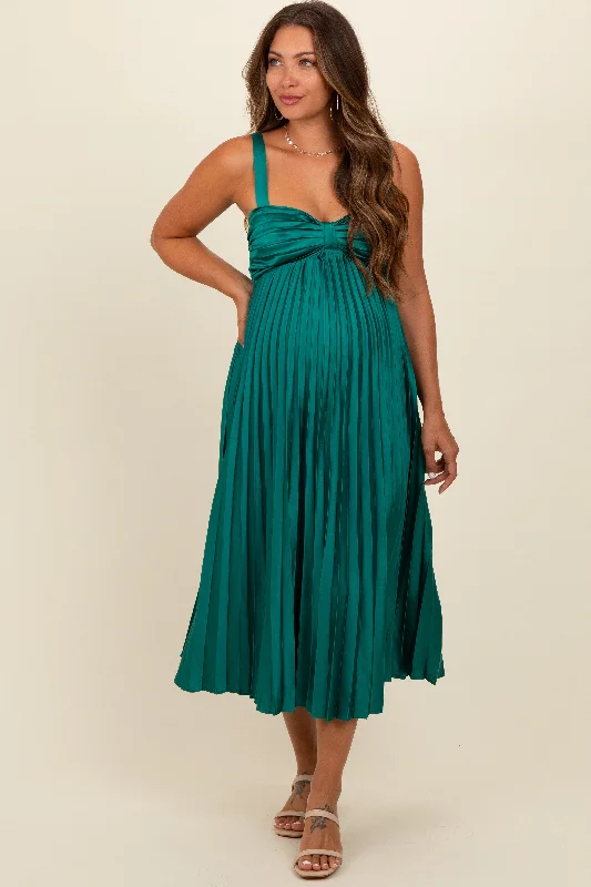 Teal Satin Pleated Sweetheart Maternity Midi Dress Comfortable Casual Midi Dress