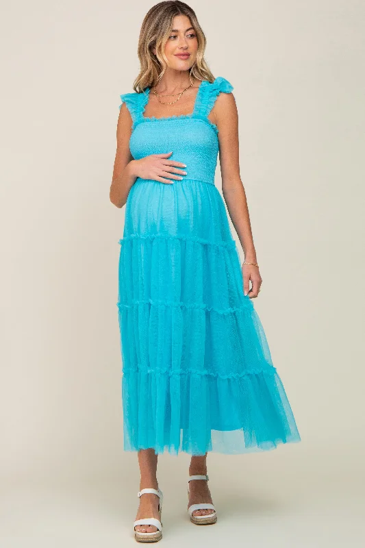 Turquoise Smocked Mesh Ruffle Accent Maternity Midi Dress Stylish Button-Down Midi Dress