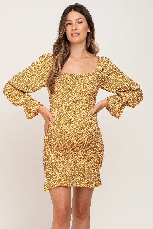 Yellow Ditsy Floral Smocked Long Sleeve Maternity Mini Dress Trendy Camisole Mini Dress