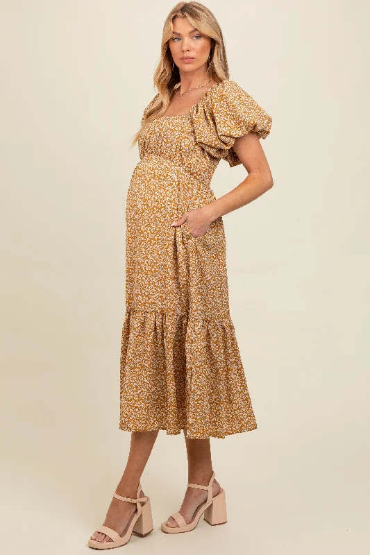 Yellow Floral Puffed Sleeve Maternity Midi Dress Cozy Tie-Dye Midi Dress