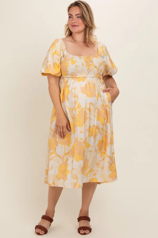 Yellow Floral Square Neck Smocked Short Puff Sleeve Maternity Plus Midi Dress Cozy T-shirt Midi Dress