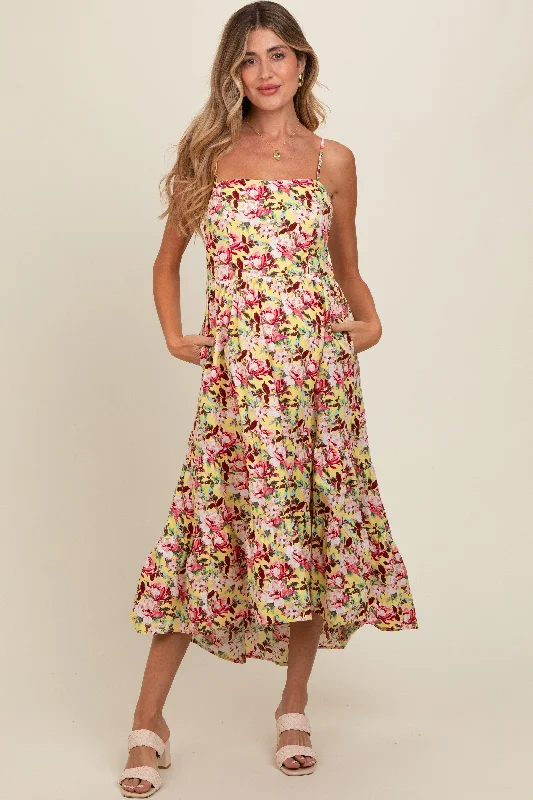 Yellow Floral Tiered Hi-Low Maternity Midi Dress Cozy A-Line Midi Dress