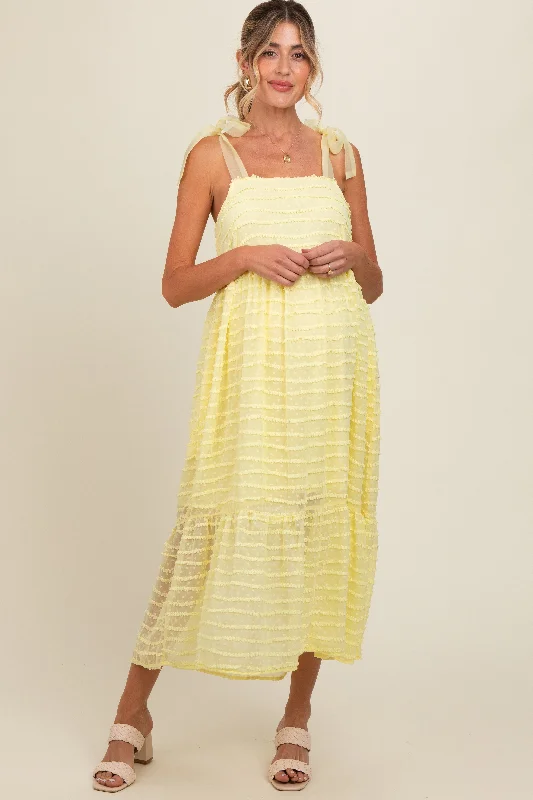 Yellow Textured Shoulder Tie Maternity Midi Dress Fashionable Wide Leg Midi Dress