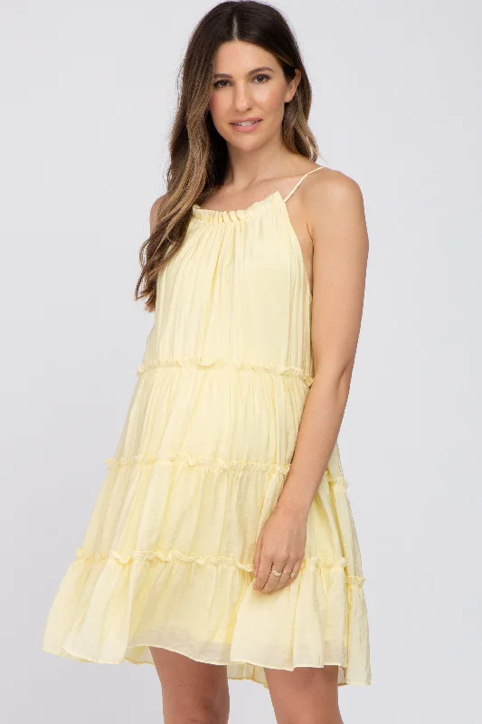 Yellow Tiered Ruffle Accent Maternity Mini Dress Fashionable Boho-Chic Mini Dress