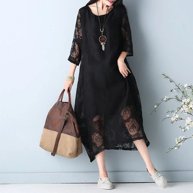 2024 black hollow out maxi dress o neck Half sleeve bridesmaid dress asymmetric summer dress Trendy Floral Print Maxi Dress