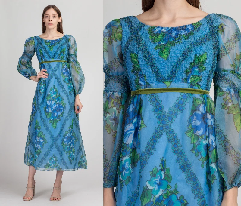 60s Blue Floral Juliet Sleeve Maxi Dress - Petite XS Cozy Cold-Shoulder Maxi Dress