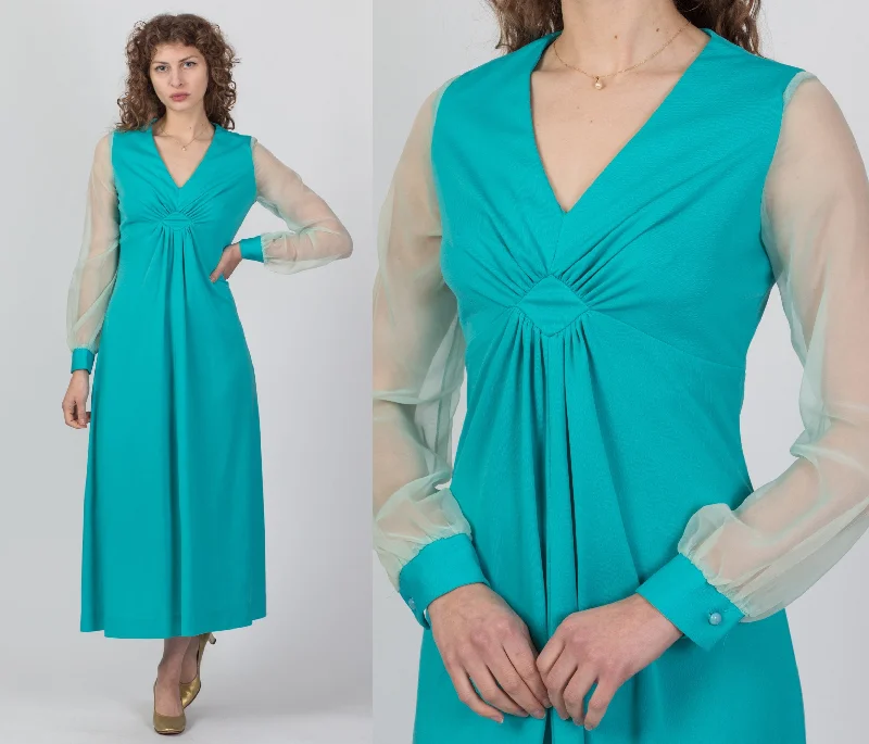 70s Blue Sheer Sleeve Maxi Dress - Medium Comfortable Fitted Maxi Dress