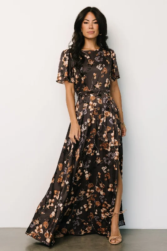 Agnes Satin Maxi Dress | Brown Floral Trendy V-Neck Maxi Dress