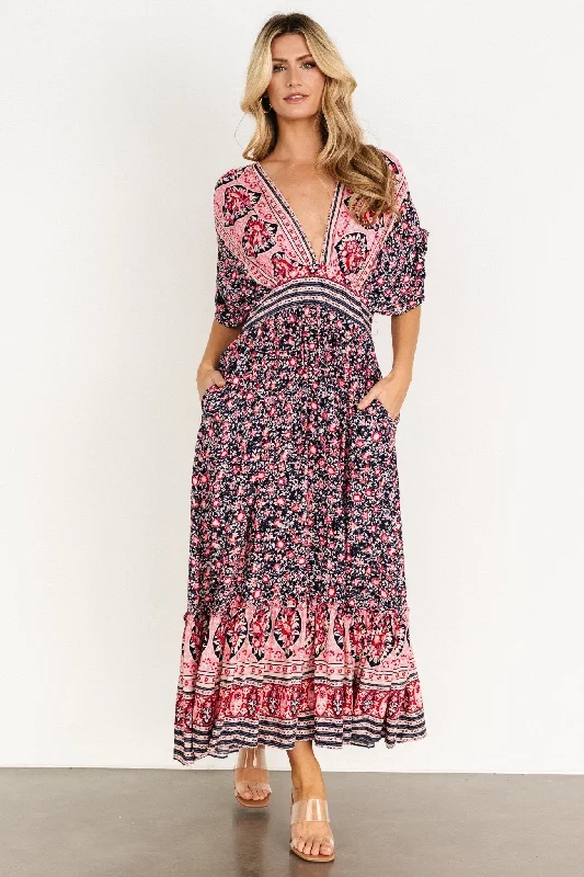 Amaris Maxi Dress | Navy Multi Trendy Button Front Maxi Dress