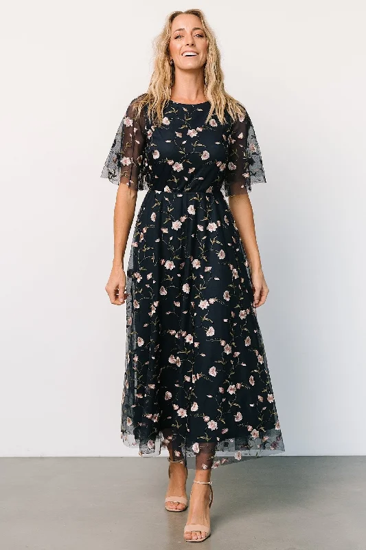 Arabella Embroidered Tulle Maxi Dress | Pink + Navy Comfortable T-Shirt Maxi Dress