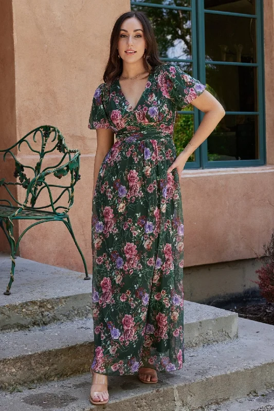 Ardley Maxi Dress | Green + Pink Floral Cozy Ribbed Maxi Dress