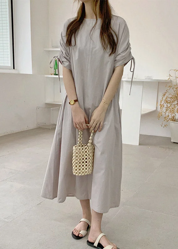 Beige Wrinkled Cotton Maxi Dress Long Sleeve Cozy Ruffle Sleeve Maxi Dress