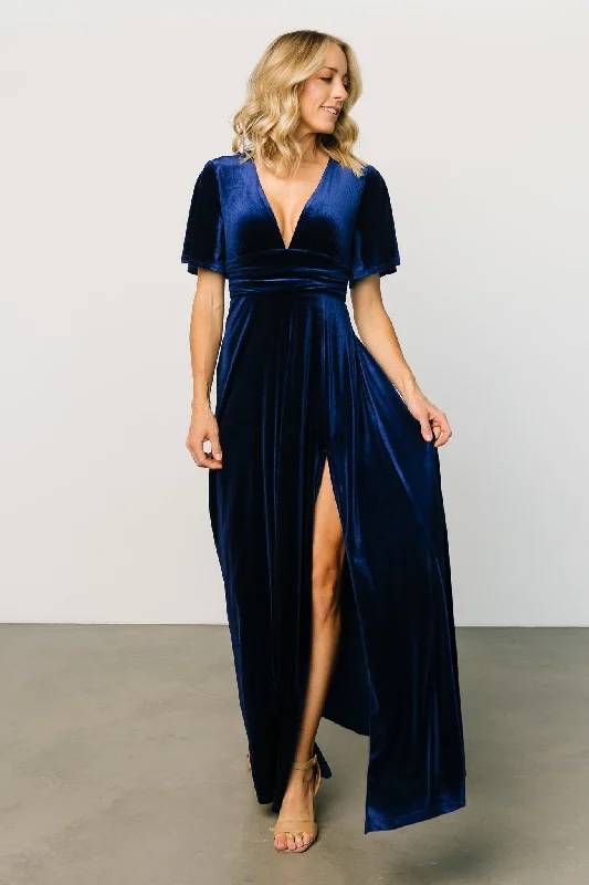 Berenice Velvet Maxi Dress | Navy Fashionable Off-Shoulder Maxi Dress