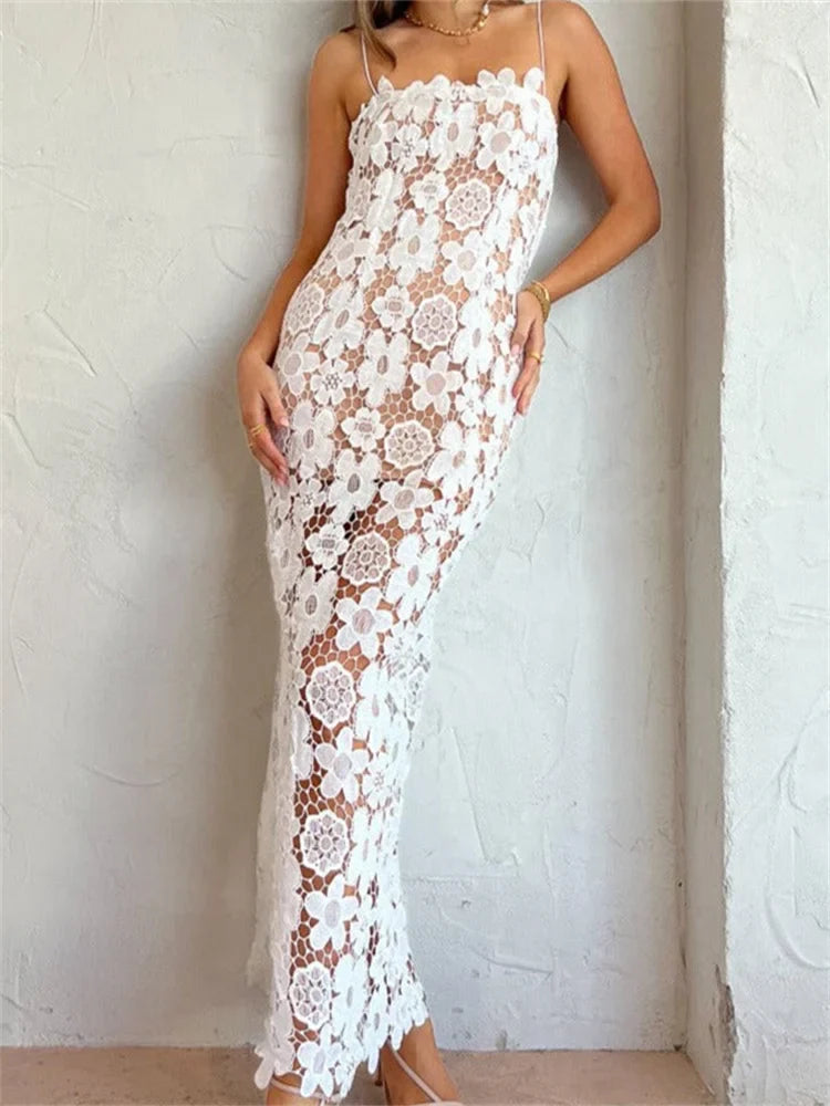 2024 Elegant Lace Flower Hollow Out Sleeveless Maxi Dress Elegant Lace Maxi Dress