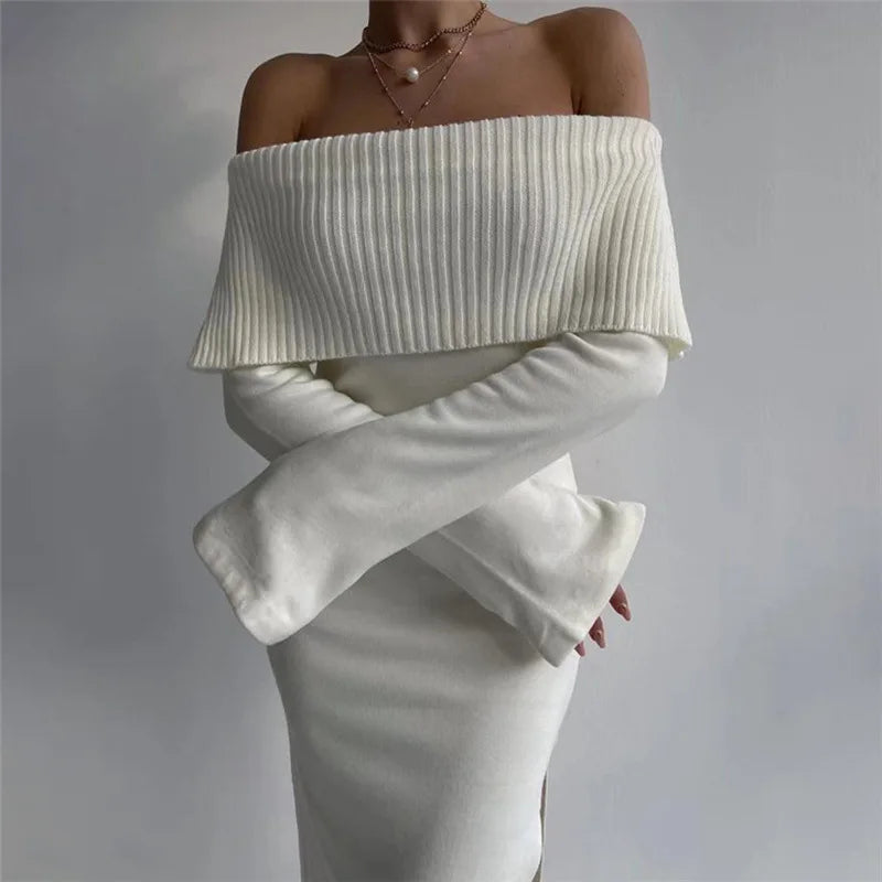 2024 Off-Shoulder Lapel Neck Sexy Long Sleeve Maxi Dress Comfortable Bohemian Maxi Dress