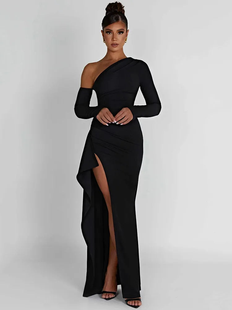 2024 Mozision Oblique Shoulder Thigh High Split Long Sleeve Maxi Dress Fashionable High-Waist Maxi Dress