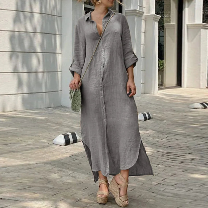 2024 Vintage Solid Tunicas Lapel Button Up Boho Maxi Dress Elegant Lace Maxi Dress