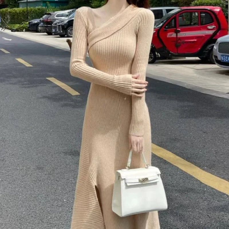 2024 New Chic V-neck Long Sleeves Solid Maxi Dress Stylish Longline Maxi Dress