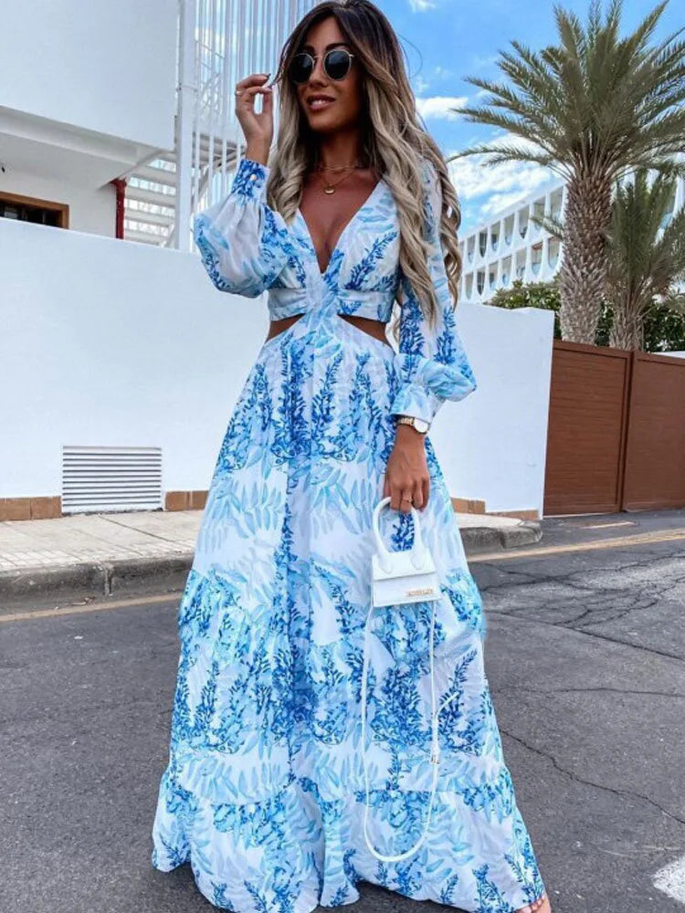 2024 Elegant V-Neck Print Long Sleeve Maxi Dress Cozy Cold-Shoulder Maxi Dress