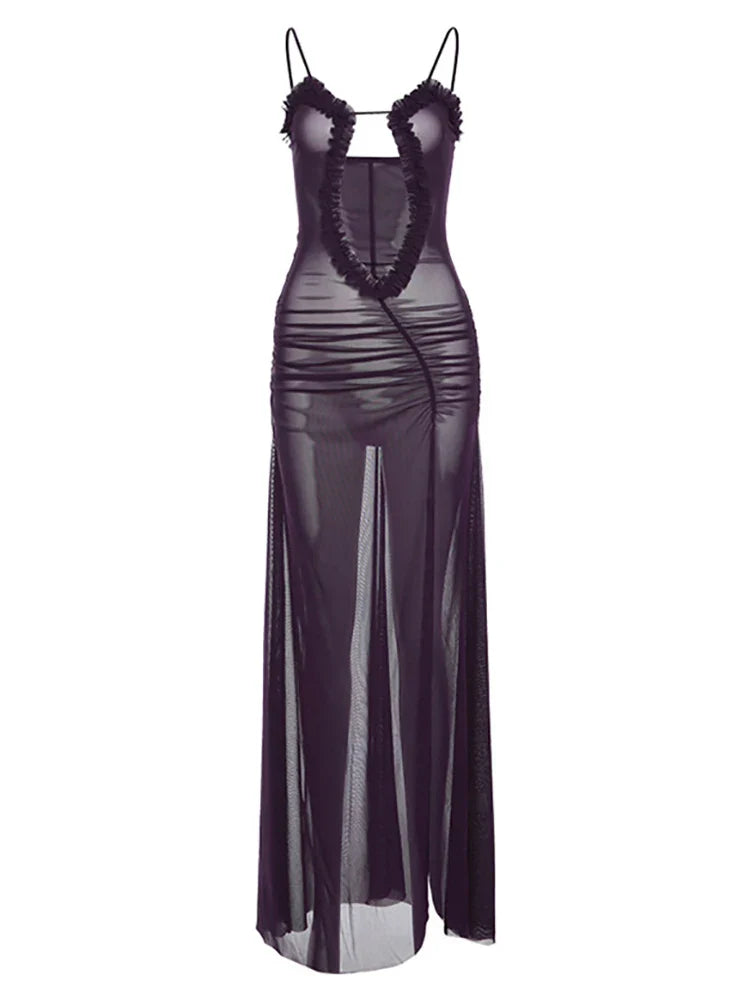 2024 Sexy Backless Mesh Split Sleeveless Maxi Dress Fashionable High-Low Maxi Dress