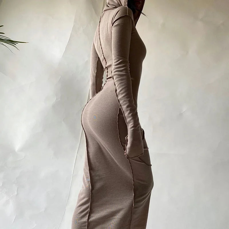 2024 Patchwork Hooded Long Sleeve Skinny Maxi Dress Comfortable Plunging Neckline Maxi Dress