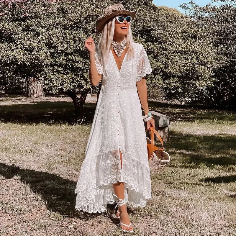 2024 Bohemian Spaghetti Strap Floral Lace Beach Maxi Dress Cozy Open-Back Maxi Dress