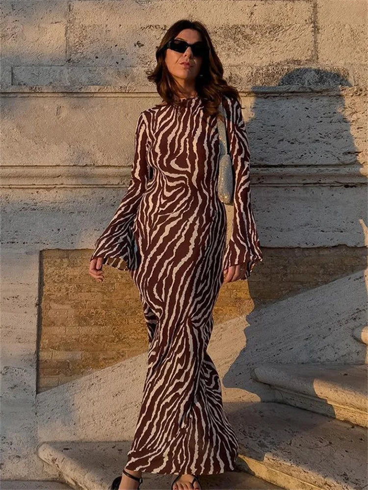 Autumn Sexy Long Sleeve Zebra Print Bodycon Maxi Dress Classic A-Line Maxi Dress