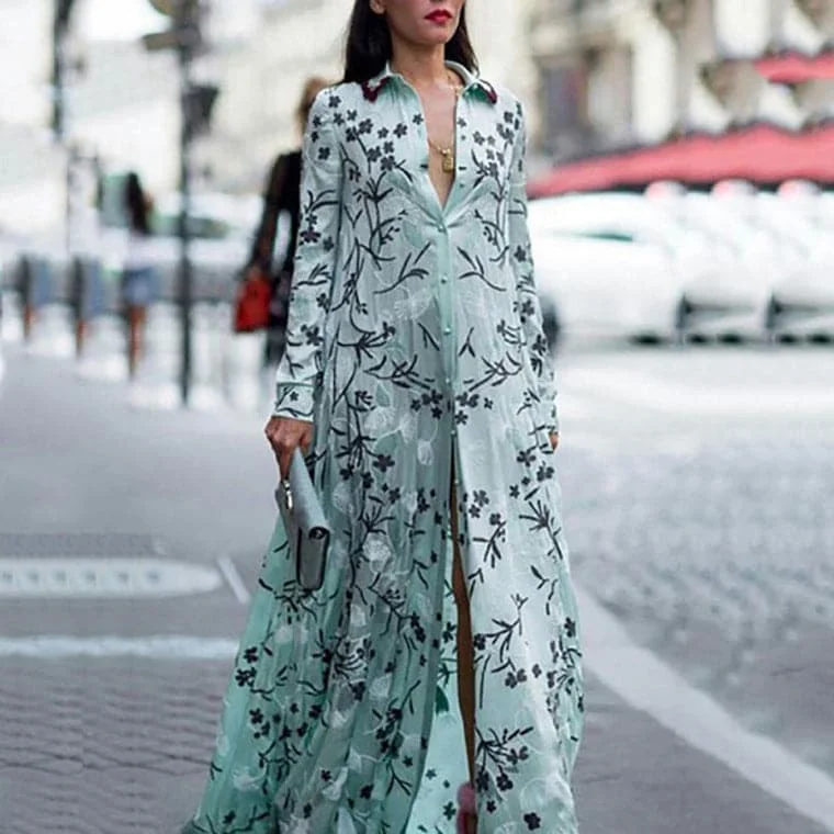 Women Print Dress  Long Sleeve Maxi Dresses Stylish Pleated A-Line Maxi Dress