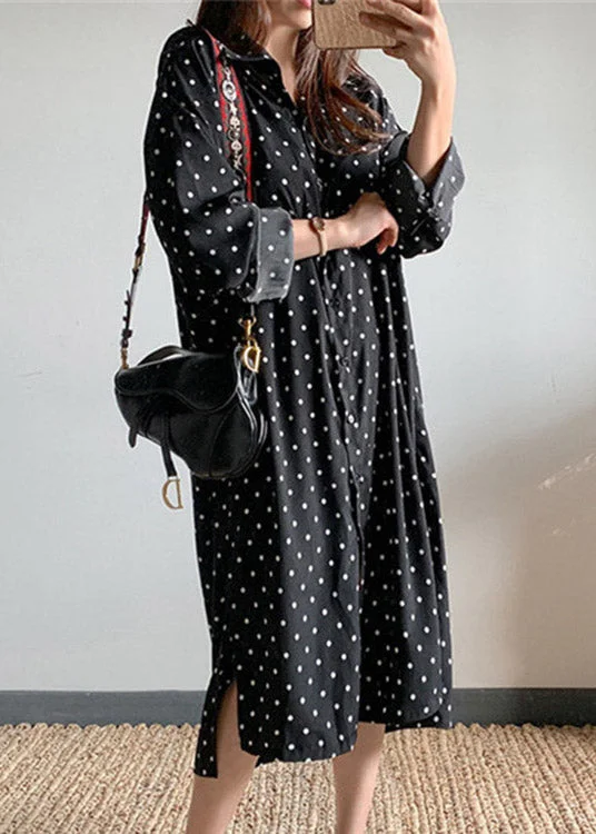 Black Dot Side Open Maxi Dress Long Sleeve Stylish Maxi Dress with Pleats