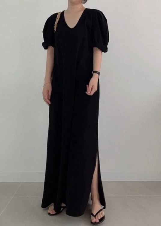 Black Side Open Knit Maxi Dress Long Sleeve Elegant Lace-Up Maxi Dress