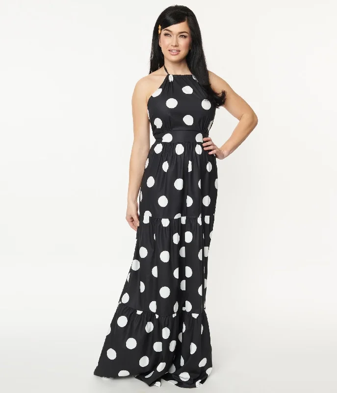 Black & White Polka Dot Halter Maxi Dress Stylish One-Shoulder Maxi Dress