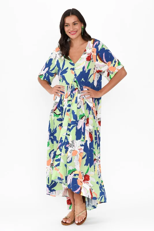 Blue Floral Peak Maxi Dress Stylish Longline Maxi Dress