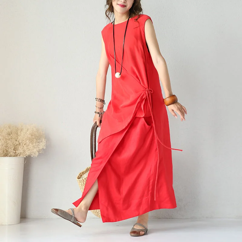 boutique red silk linen dresses oversized asymmetric silk linen clothing dress fine tei waist maxi dresses Cozy Wrap Maxi Dress