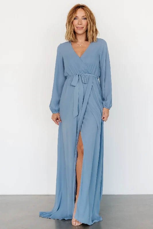 Breanne Faux Wrap Maxi Dress | Slate Blue Stylish Off-Shoulder Maxi Dress