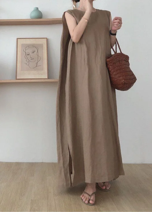 Camel Side Open Cotton Maxi Dresses O Neck Sleeveless Elegant Maxi Dress with Belt