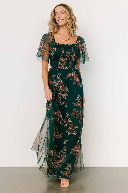 Cassandra Tulle Maxi Dress | Green + Bronze Floral Elegant Maxi Dress with Slit