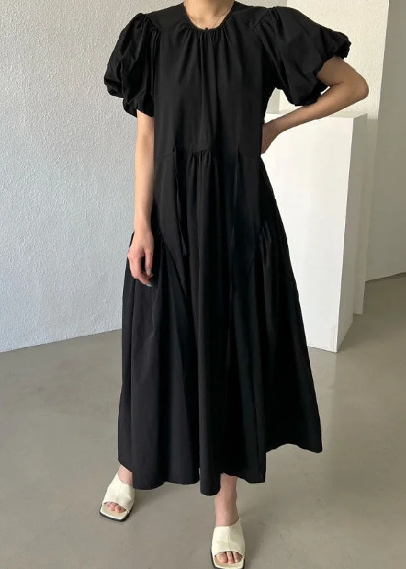 Casual Black O Neck Patchwork Cotton Maxi Dresses Summer Cozy Knit Maxi Dress