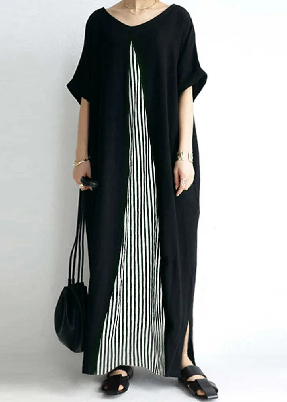 Casual Black O-Neck Striped Patchwork Cozy Maxi Dress Short Sleeve Comfortable Satin Maxi Dress