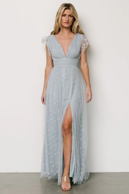 Caterina Tulle Maxi Dress | Light Blue Comfortable Maxi Dress with Slits