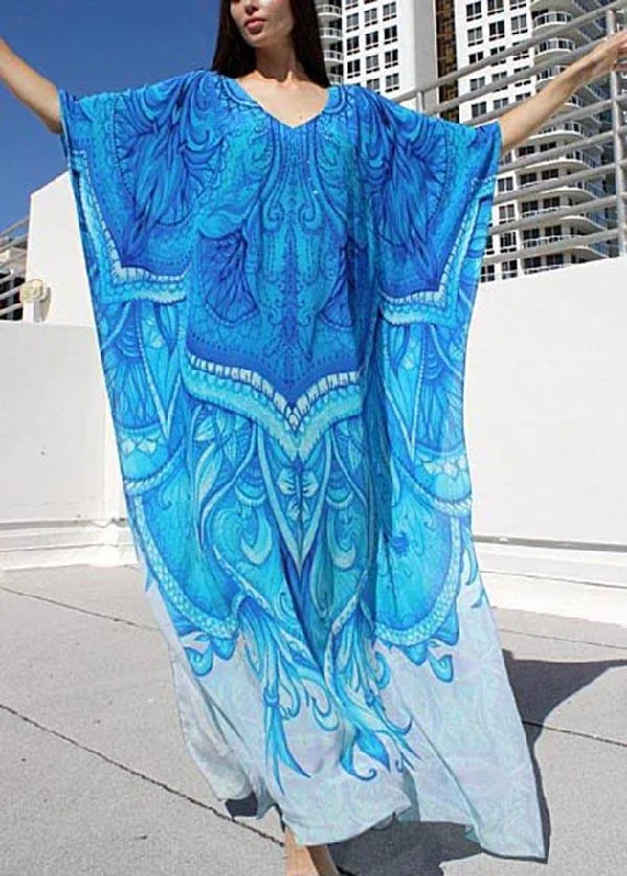 Chic Blue Print kimono robe Maxi Dresses  Cotton Dress Trendy Satin Maxi Dress