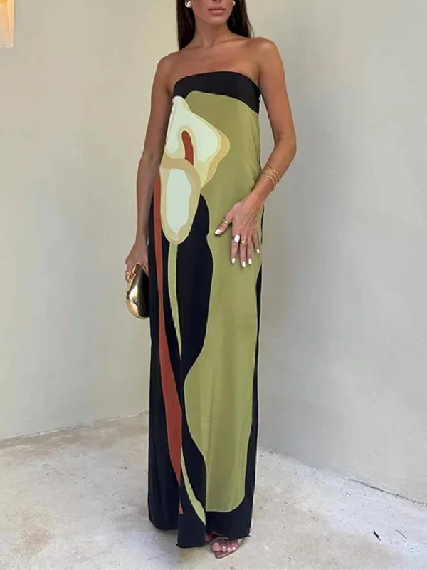 Contrast Sleeveless Off Charming Shoulder Printed Maxi Dress Stylish V-Neck Maxi Dress