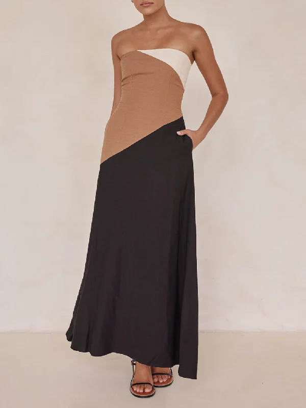 Asymmetrical Color-Blocked Stylish Maxi Dress Classic Solid Maxi Dress