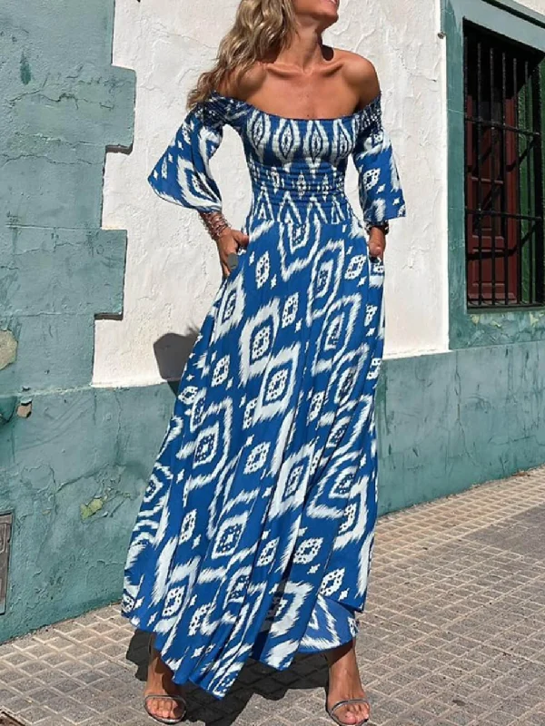 Vacation Ethnic Print Smocked Graceful Off Shoulder Pocketed Maxi Dress Elegant Maxi Dress with Belt