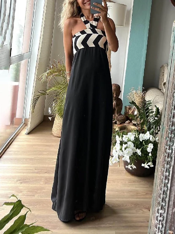 Unique Striped Print Charming Loose Halterneck Maxi Dress Trendy V-Neck Maxi Dress