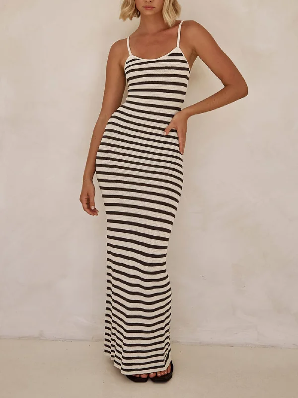 Unique Striped Patchwork Charming Knit Maxi Dress Fashionable Chiffon Maxi Dress