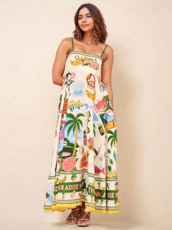 Unique Print Smocked Charming Back Pocket Maxi Dress Chic Off-Shoulder Maxi Dress