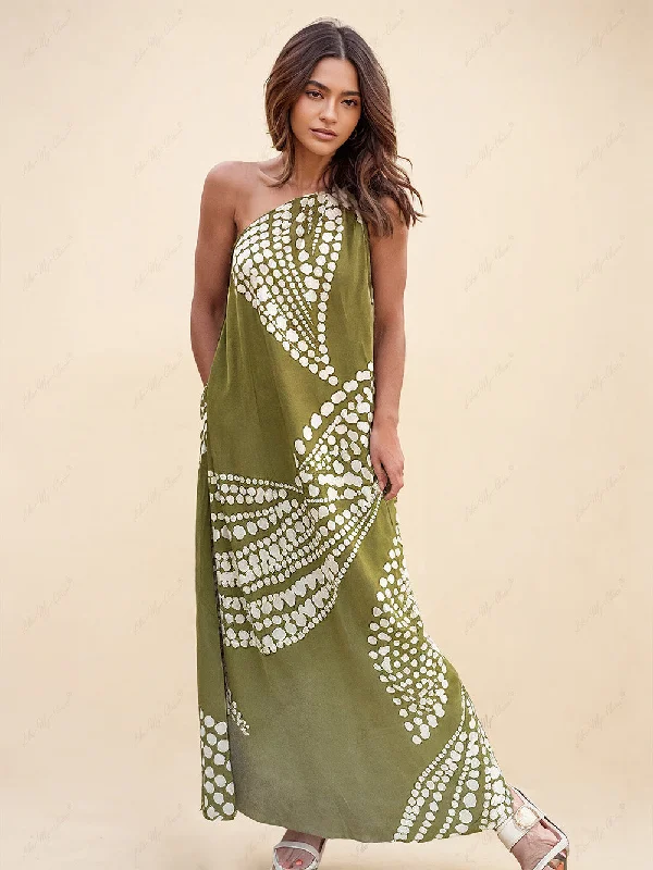 Unique Polka Dot Print Graceful One Shoulder Pocketed Maxi Dress Fashionable Sleeveless Maxi Dress