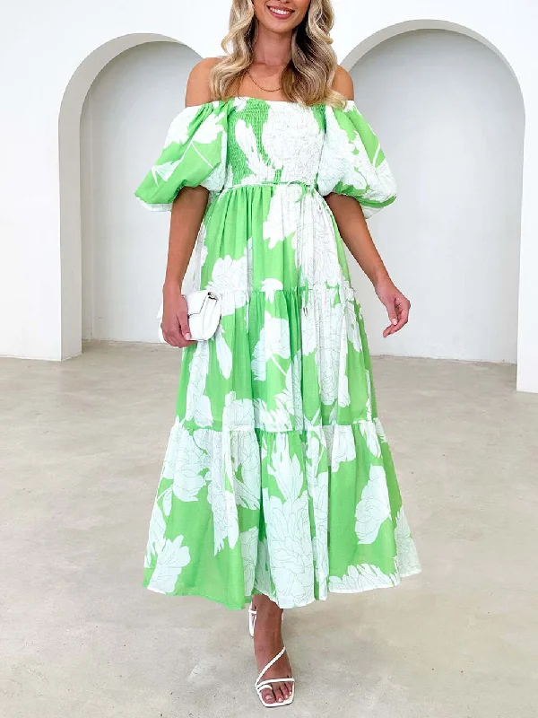 Unique Floral Print Patchwork Graceful Up Pleated Maxi Dress Stylish Pleated A-Line Maxi Dress