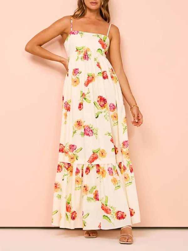 Unique Floral Print Halter Graceful Backless Extra Maxi Dress Stylish Button-Up Maxi Dress