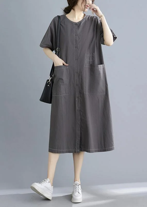 Classy Grey Button Cotton O-Neck Summer Maxi Dresses Stylish Empire Waist Maxi Dress